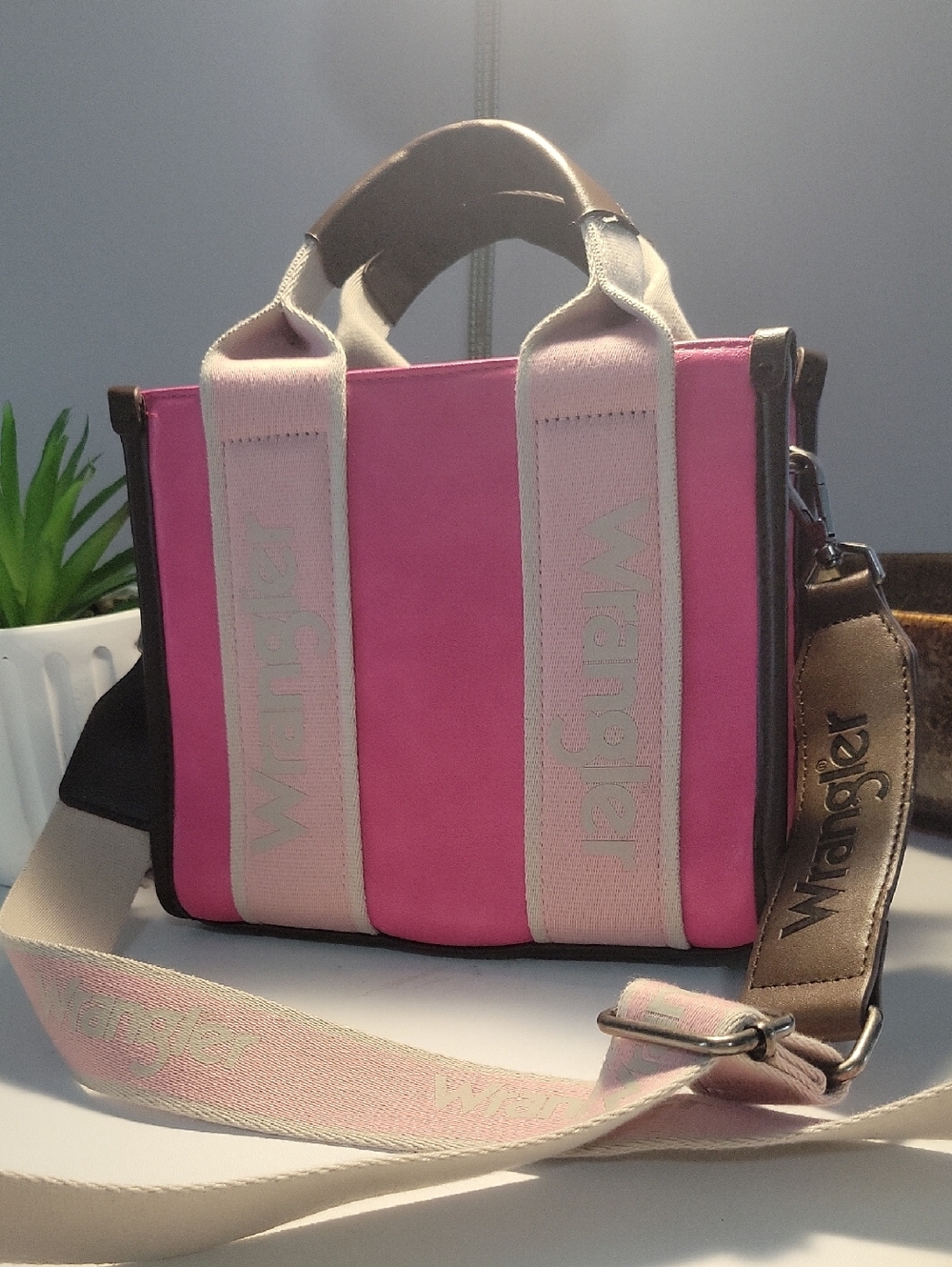 Wrangler Pink Canvas Crossbody Tote with Cream Logo Straps